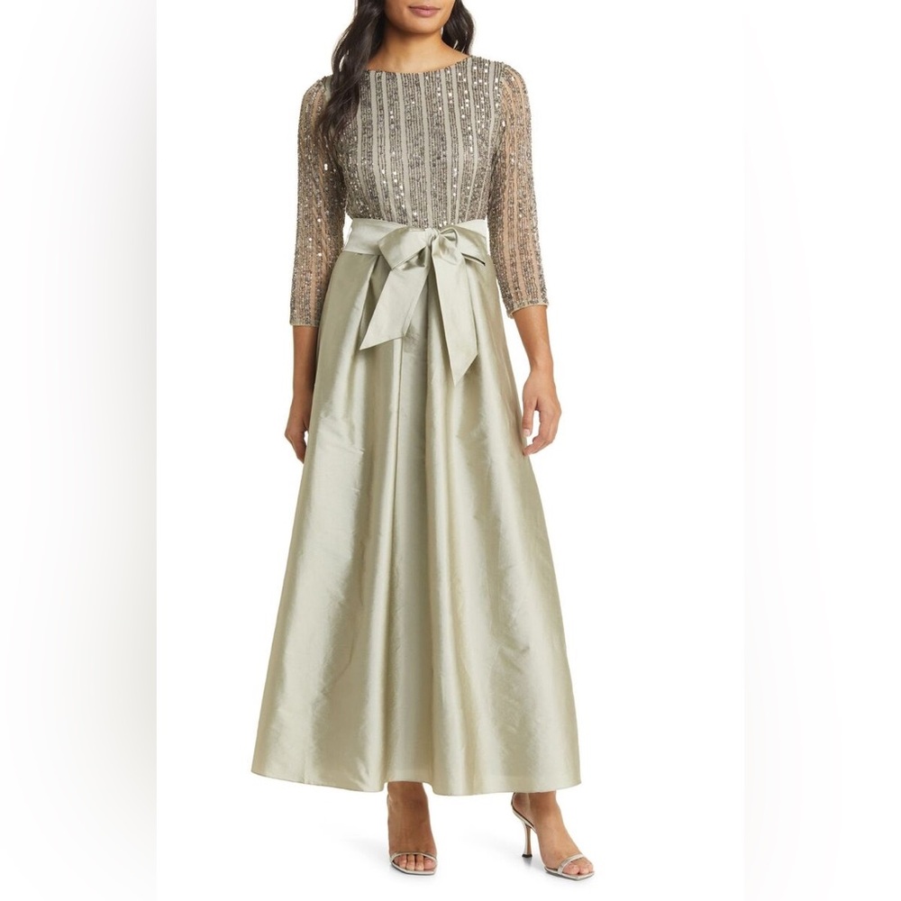 NWT Pisarro Nights Mesh Sequin Boat Neck 3/4 Sleeve Tie Front Gown Sz 12